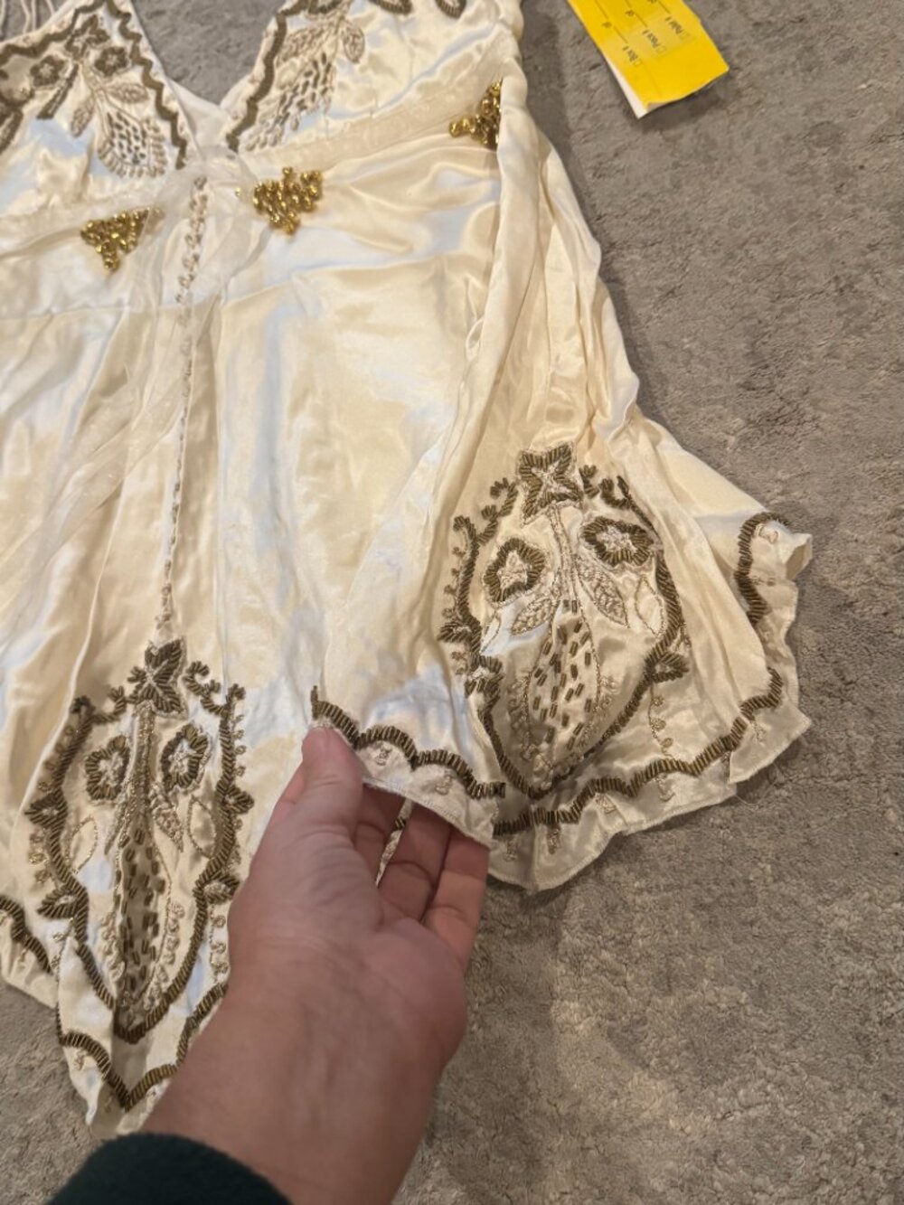 Sue Wong Silk Chiffon Y2K Handkerchief V Camisole Ivory Cream Gold Crochet Top 8 - Picture 5 of 16